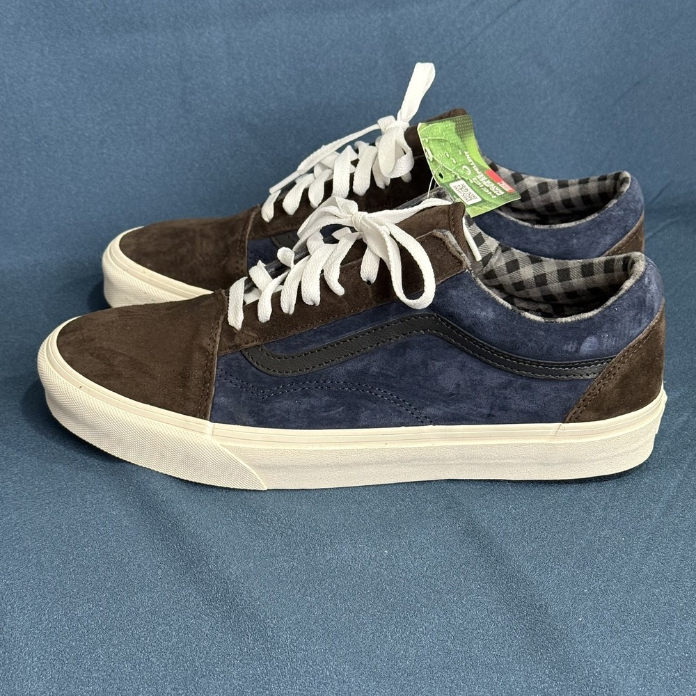 Vans Old Skool Mens 11 Pig Suede Plaid Brown Navy Blue Water Repellent 751505 - Picture 4 of 9